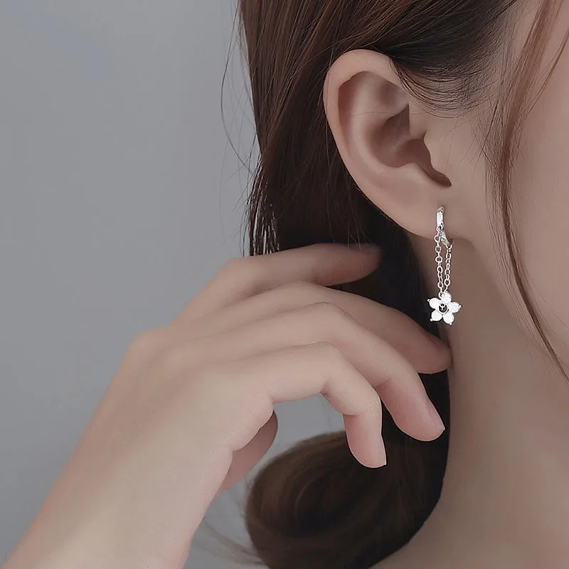 ANENJERY orecchini a cerchio con nappe a catena con fiore in zircone Color argento per le donne gioielli quotidiani fatti a mano delicati