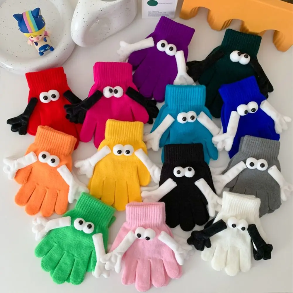 Big Eyed Doll Hand in Hand Magnetic Knitted Gloves Touch Screen Open Fingered Student Magnetic Knitted Gloves Cute Funny