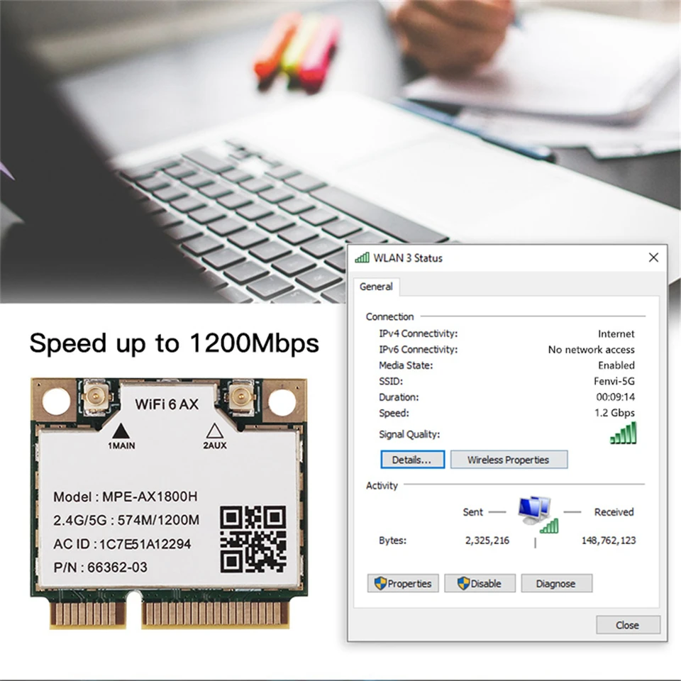 Scheda WiFi 6 PCI Express 1800Mbps Con Bluetooth 5.2 – MT7921, Dual Band 2.4/5.8GHz, Antenne 6dBi, Per Windows 10/11