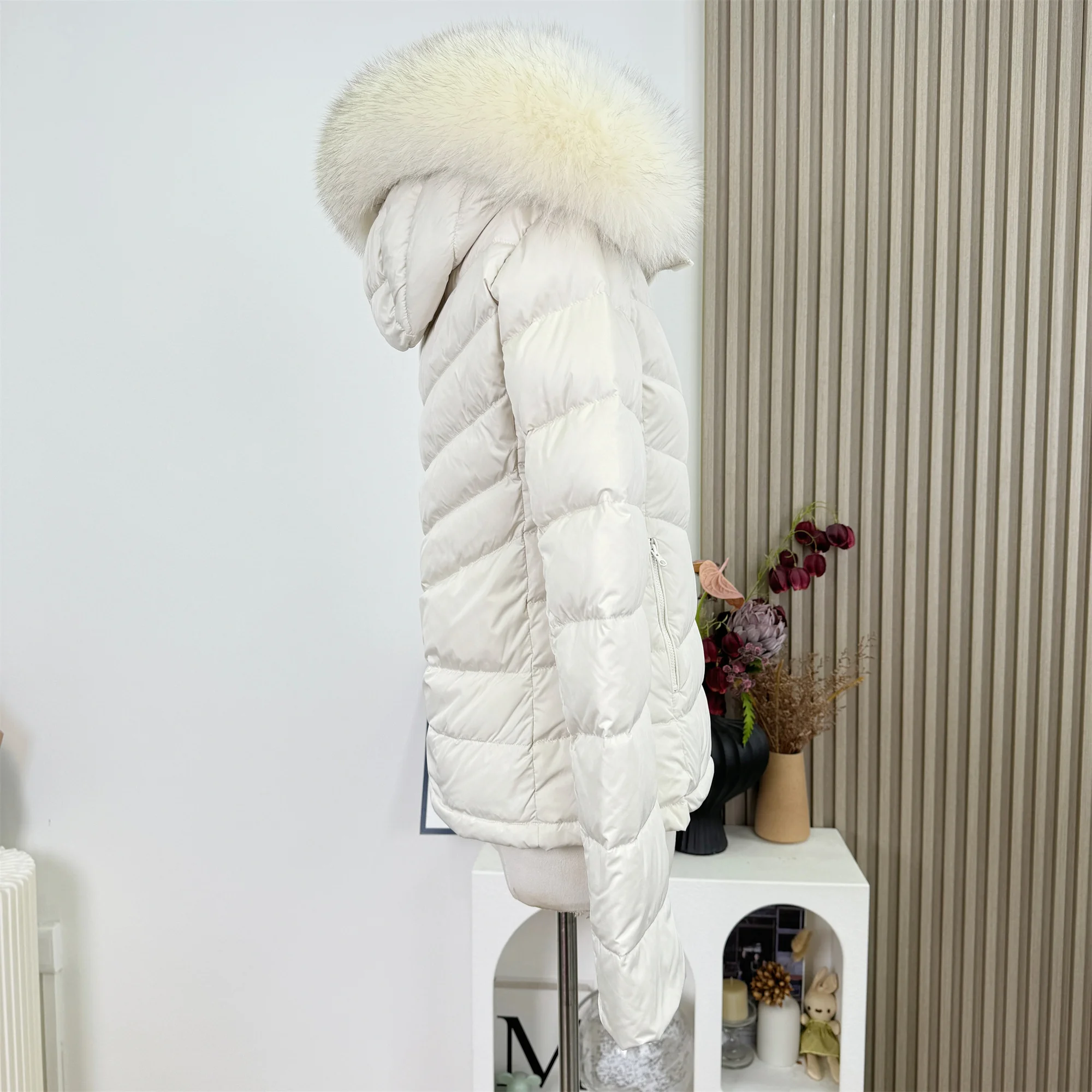 レディース秋冬フェイクファー付きフード付きスリムホワイトダックダウンコートレディース厚手暖かいジップアップ長袖ダウンアウタートップ