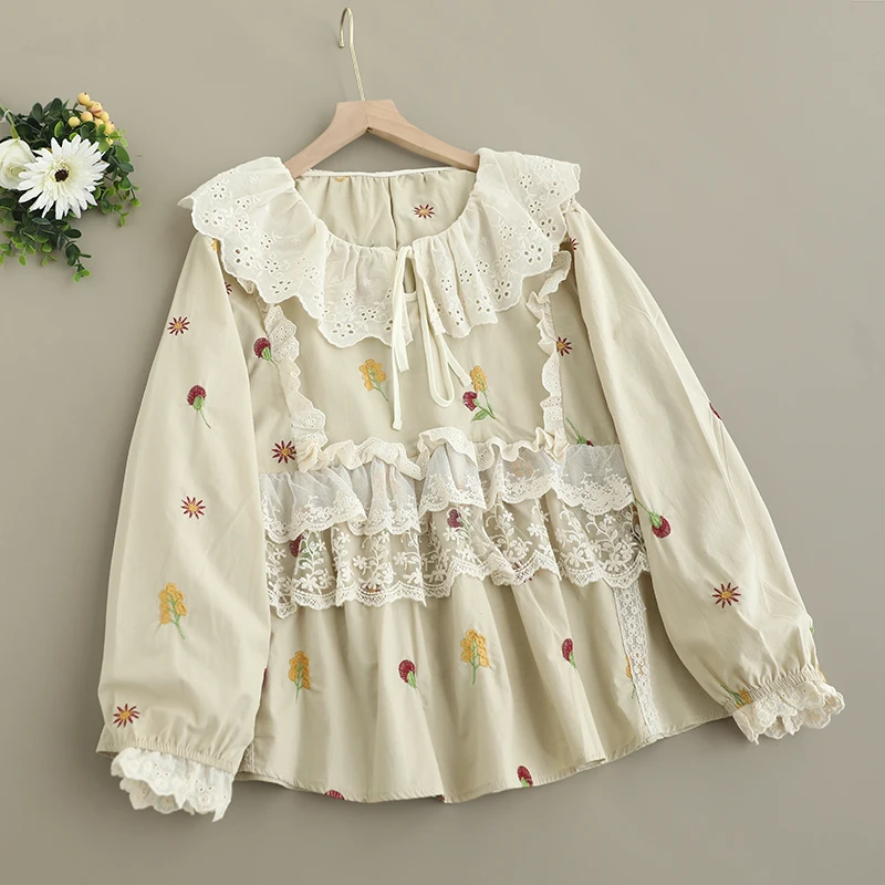 Spring New Japanese Mori Girl Sweet Lace Flower Embroidery Patchwork Cotton Shirts Women Ruffled Collar Long Sleeve Casual Tops