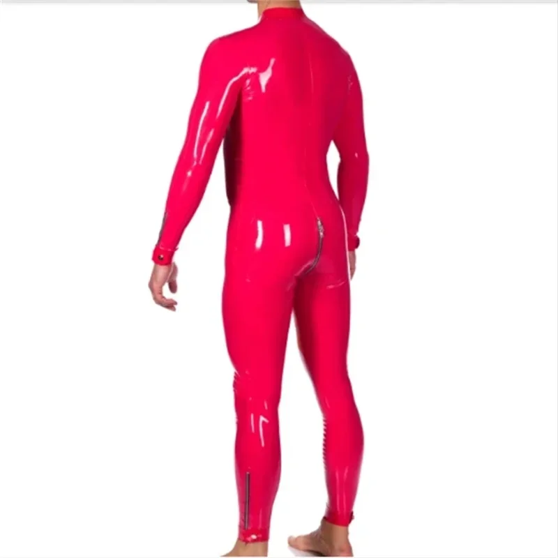 Latex Catsuit Rubber Bodysuit Red Jumpsuit W/o Socks Front Crotch Chest Wrist Ankle Zipper