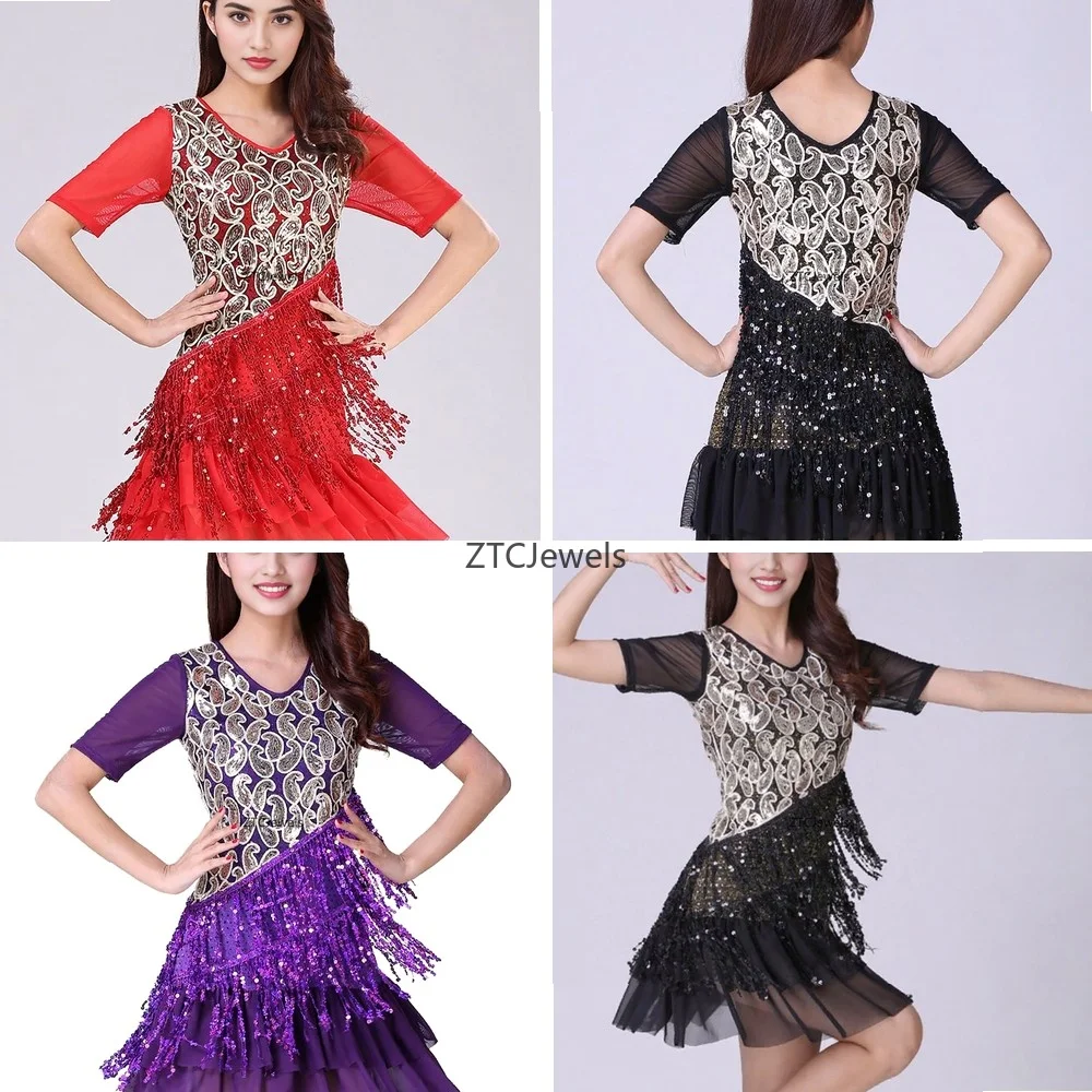 

Sexy Latin Dance Dress V Neck Rhinestone Tulle Fringe Ballroom Party Performance Costume