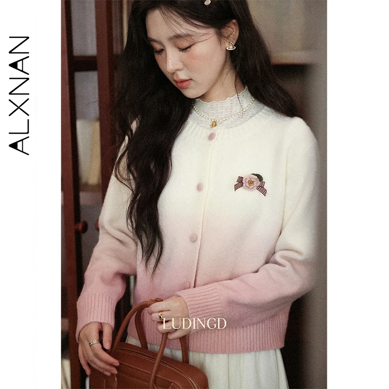ALXNAN bleu Cardigan femmes col rond 3d fleur dégradé couleur pull 2025 automne doux décontracté à manches longues tricoté hauts L57212-1