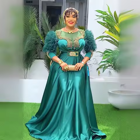 African Women Party Evening Dress Luxury Lace Sleeve High Waisted Plus Size Gown Ankara Wedding Outfits Muslim Sequin Maxi Dress