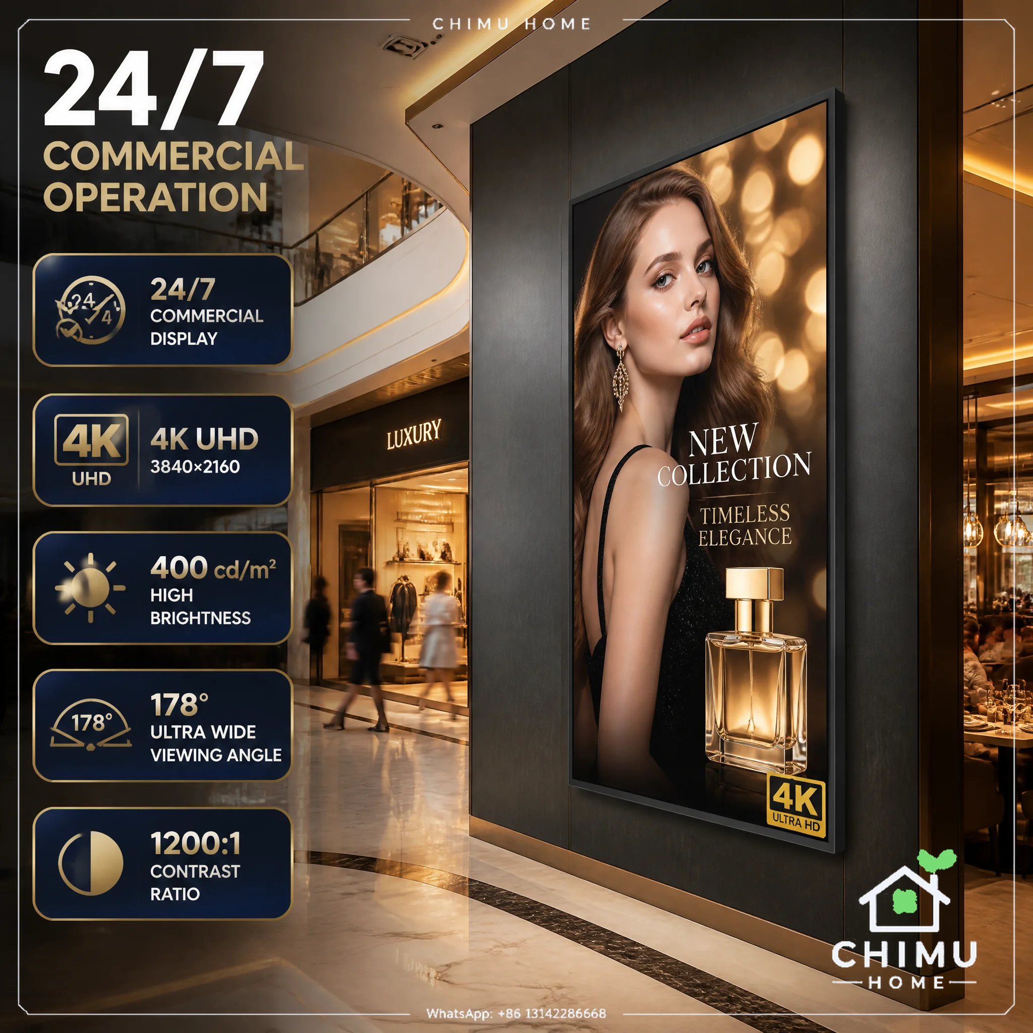 【CHIMU HOME】Ultra Slim Digital Signage 32-65 Inch 4K Android Commercial Display, 2G+32G / 1G+16G, CMS Cloud, 24/7 Wall Mount