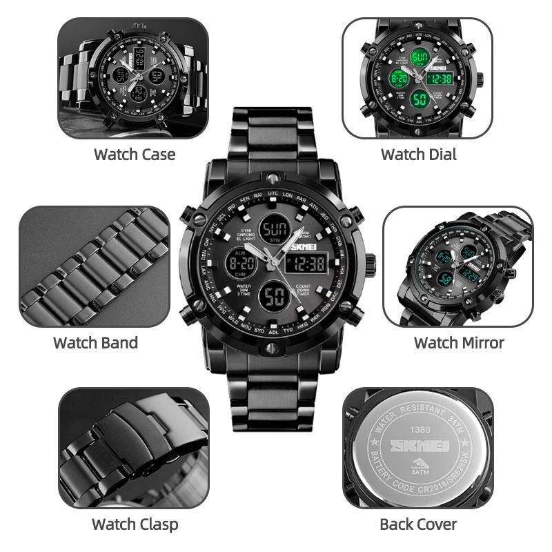 Skmei Waterproof Analog Quartz Watch Steel Strap Dual Display Three Time Zone Led Digital Wirstwatch for Man Relogio Masculino