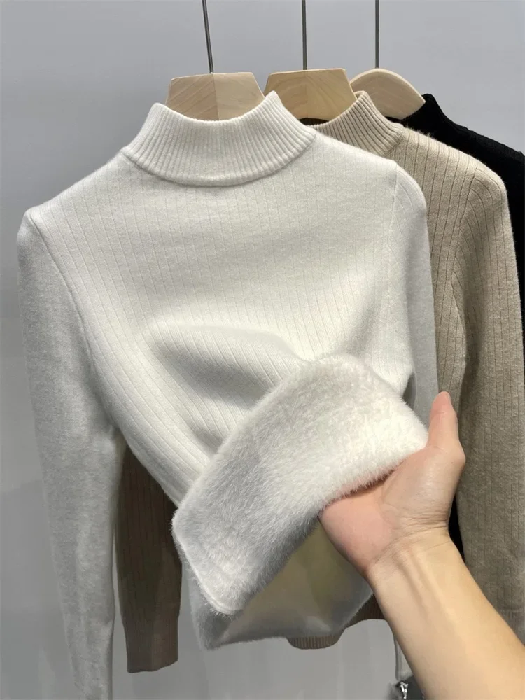 Pull Chaud en Tricot Doux pour Femme, Slim, Épais, en Peluche, Doublé de Velours, Corée, Demi Col Roulé