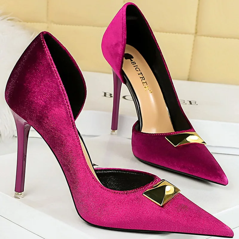 New Women 10.5cm High Heels Wedding Replica Pumps Lady Brand Designer Metal Decoration High Heels Stiletto Pink Black Prom Shoes