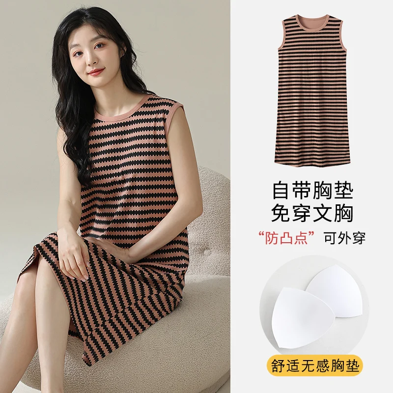 Korean Pajamas Women's Cotton Sleeveless Nightdress with Bra Pad Ladies Summer Thin Home Service Striped Night Dress sleep dress