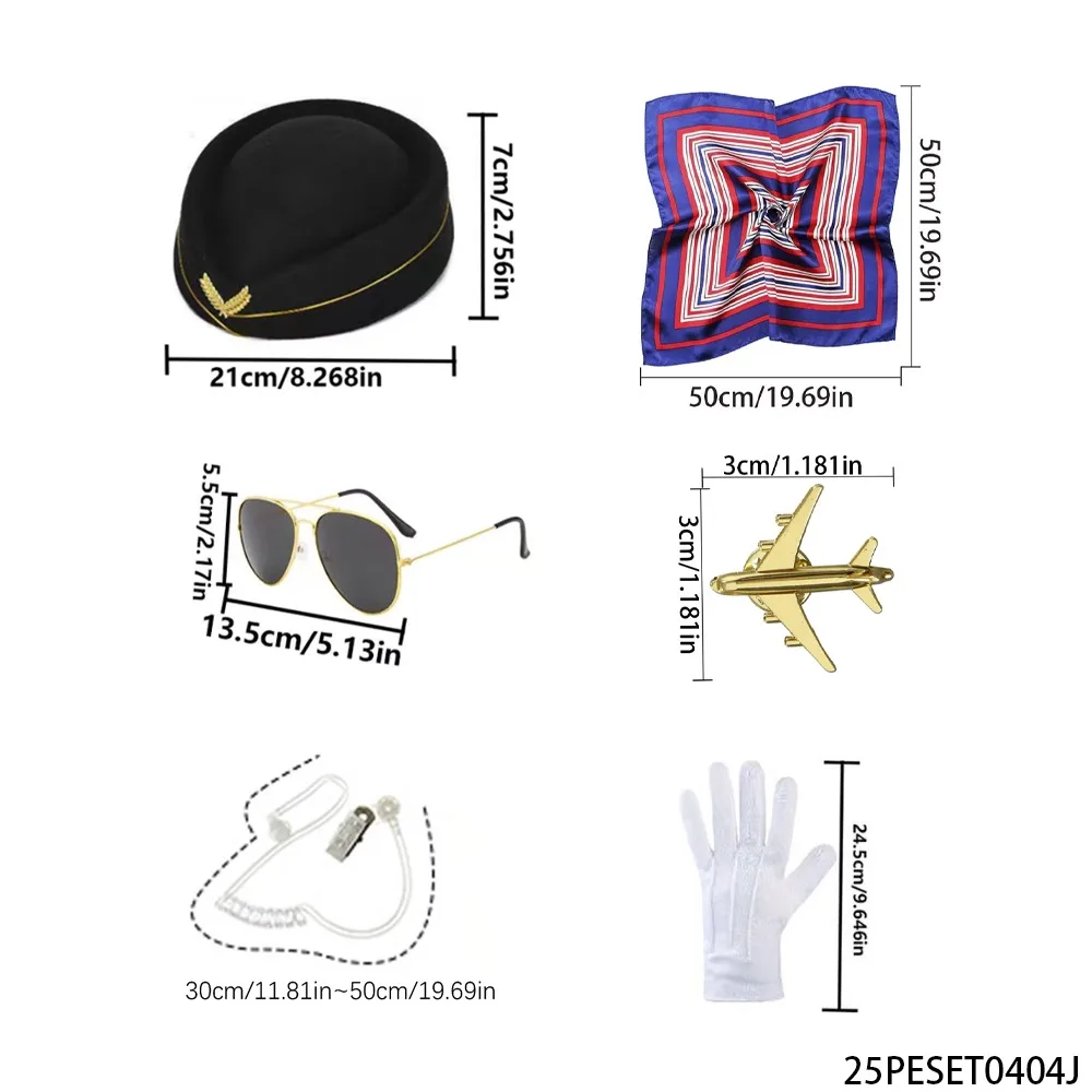 مجموعة أزياء المضيفة السوداء من PESENAR، قبعة شارة، بروش طائرة، قفازات بيضاء وشاح، زي أنيق للعب الأدوار #3