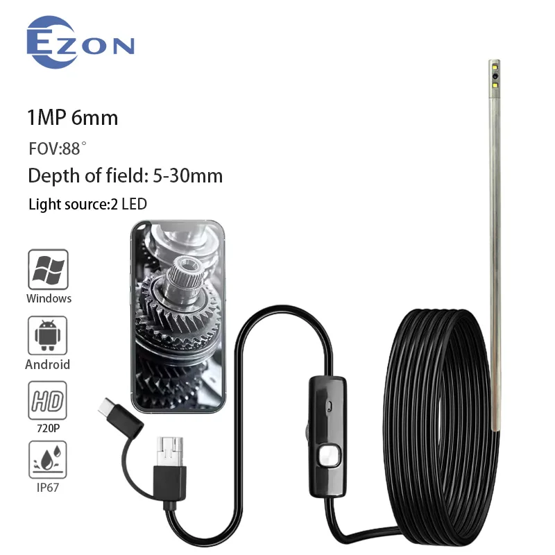 Caméra endoscópica Android TYPE-C 6MM, à prova d'água IP67, 2 LED, Endoscópio ajustável, câmera para inspeção des pipelines