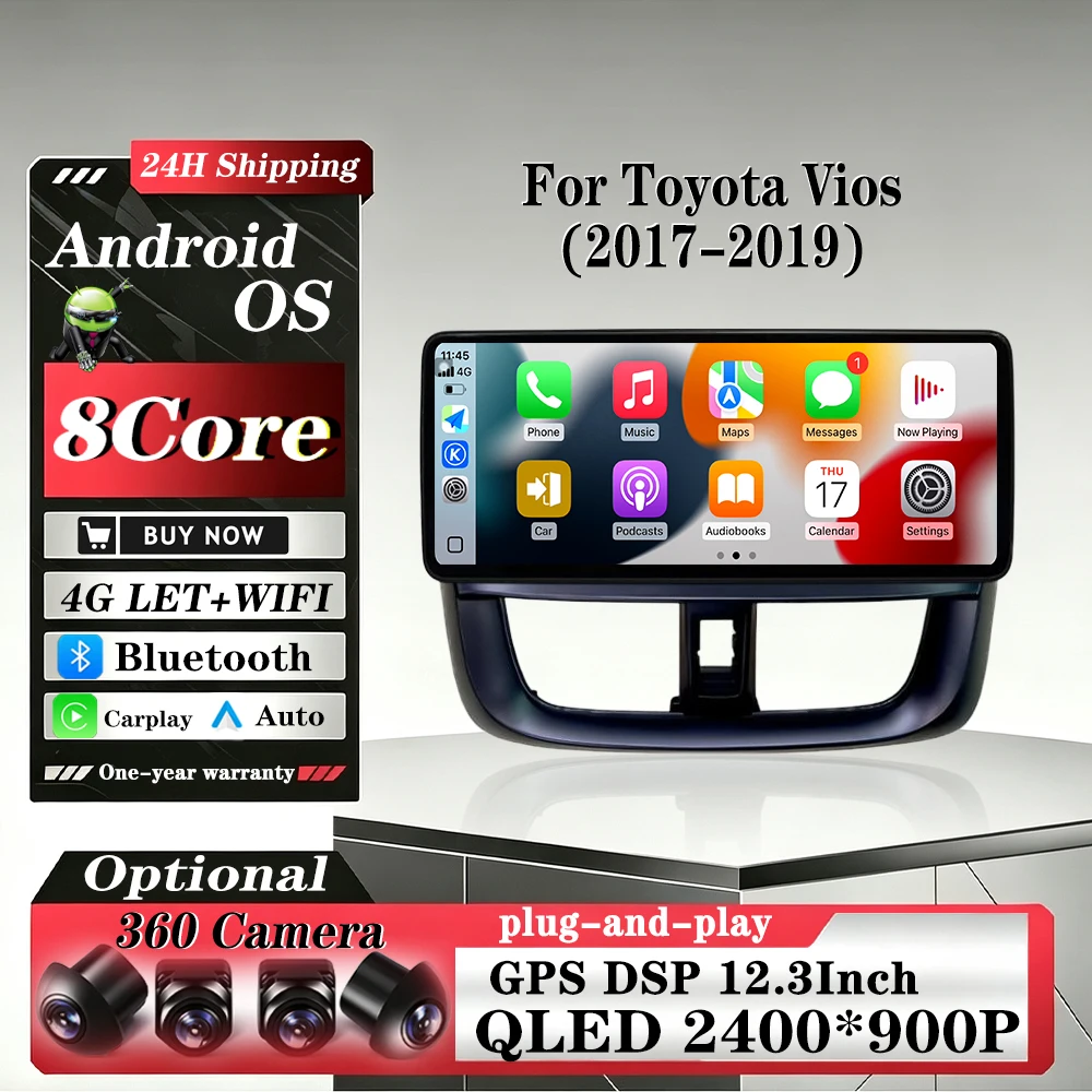 Car Radio For Toyota Vios 2017-2019 Android 16 Auto GPS Navigation Carplay Stereo Multimidia Video Player Head Unit