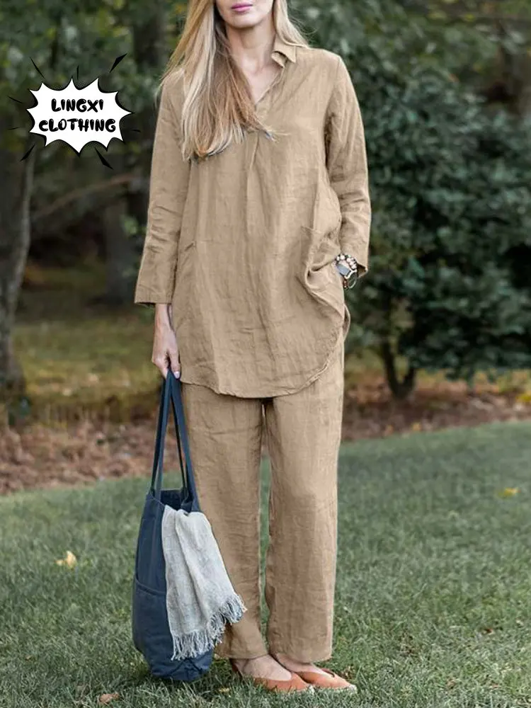 2023 Summer Women's Cotton Hemp Material Loose Long Sleeve Shirt Large Size Wide Leg Pants Elegant Casual Sports Two Piece Set
