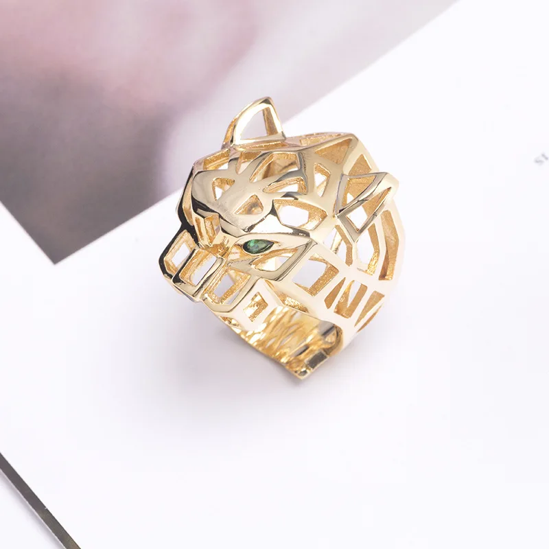 Europe America Luxury Style Men Women Lady Hollow Out Inlaid Green Zircon Eyes Leopard Head Plated Gold Color Lovers Ring