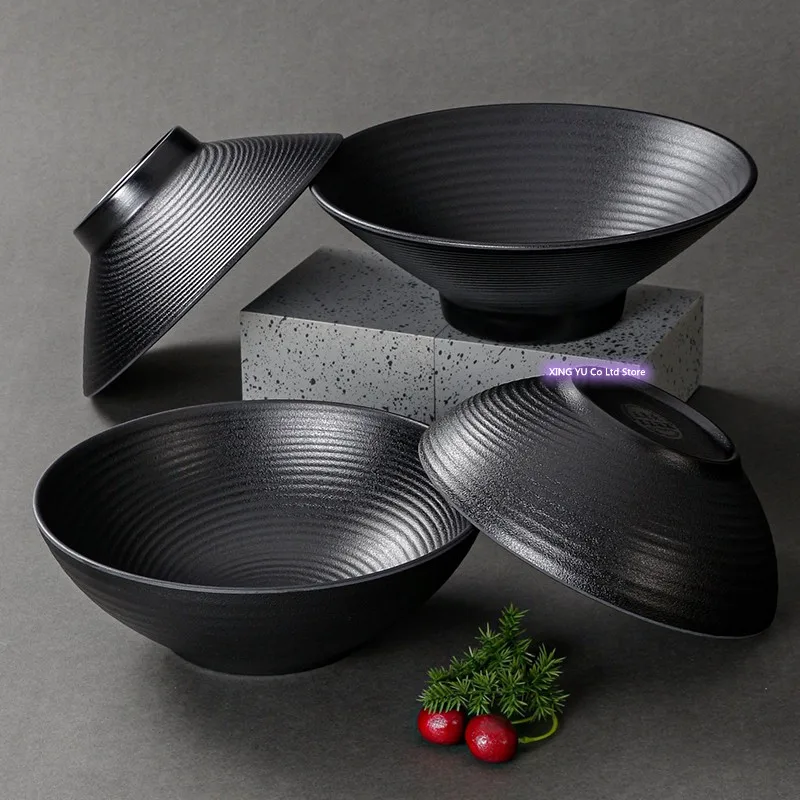 Melamine Tableware Black Matte Stripe Ramen Bowl Plastic Bowl Household Rice Bowl Salad Bowl Kitchen Supplies Multiple Choices