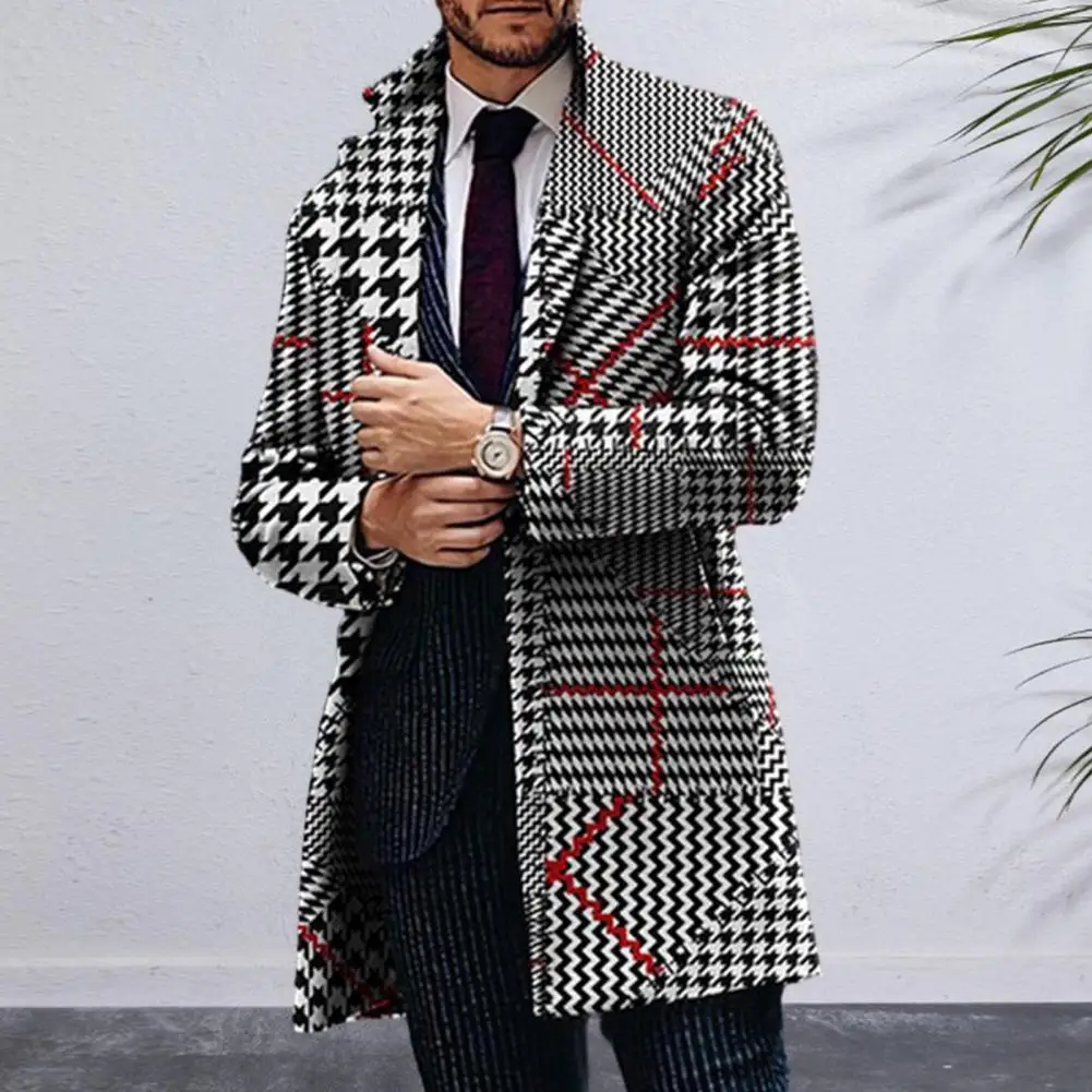 Men Geometric Pattern Coat Winter Coat Stylish Men's Plaid Print Trench Coat Lapel Cardigan with Pockets for Fall/winter