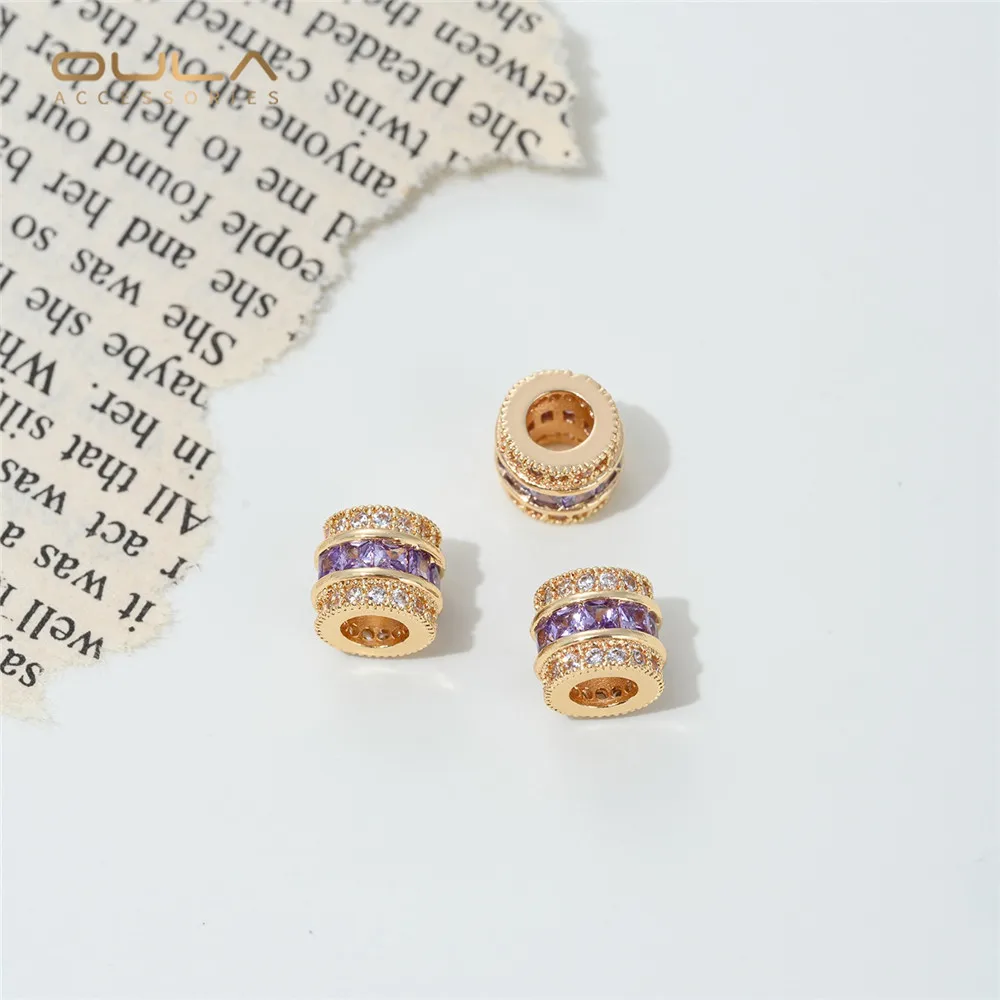 14K Gold-plated Thick Silver Inlaid Zircon Wheel Large Hole Partition Beads Bucket Beads Diy Beaded Bracelet Necklace Accessory