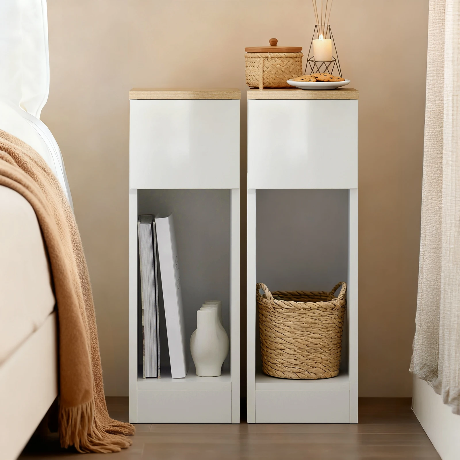 SoBuy FBT111x2 Table de chevet 2 jeux avec tiroir pour boîte lit à ressorts canapé table 2 pièces table d'appoint table de chevet étroite