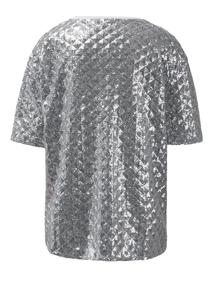 EAM-T-shirt manches courtes col rond femme, paillettes brillantes, document argenté, grande taille, nouvelle mode, marée printemps été 2024, CPG1443