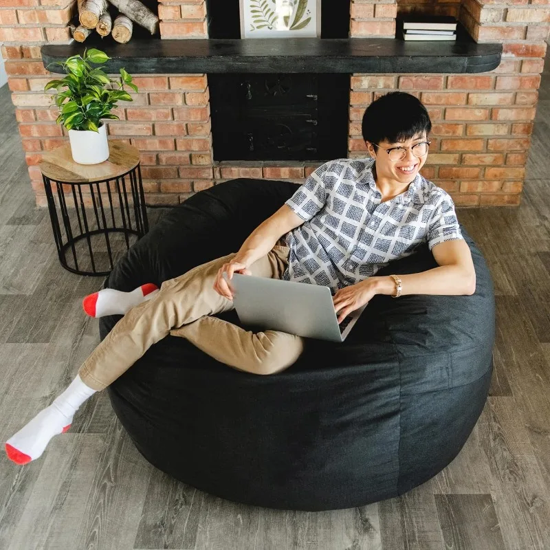 Fuf Large Foam Filled Bean Bag Chair with Removable Cover, Black Lenox, Durable Woven Polyester, 4 feet Big