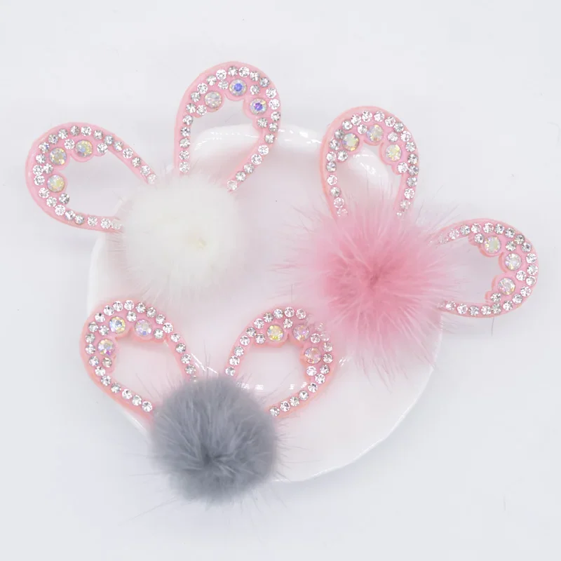 12Pcs Pink Padded Rhinestone Mouse Ears with Mink Fur Ball Patches DIY Gloves Shoes Clothes Bags Hat Hair Clips Accessories