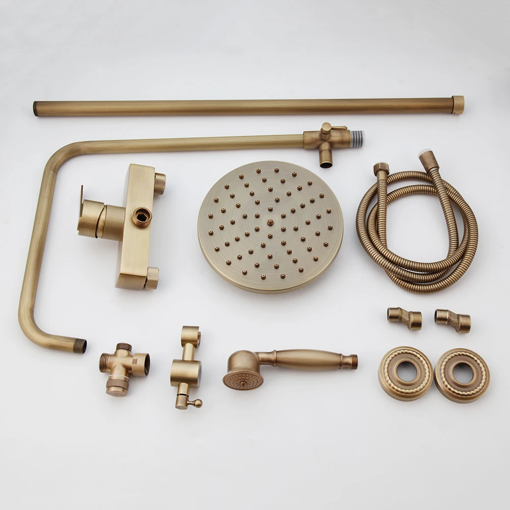 KEMAIDI Antique Shower Set Bathroom Bath Shower Faucet W/Shelf Rainfall Brass Hot Cold Water Mixer Tap Sliding Bar Shower System