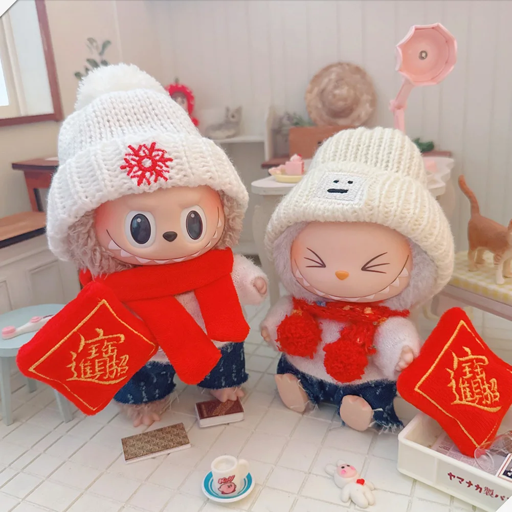 Mini Doll'S Clothes Outfit Accessories for Labubu 15-17cm Cotton Doll White Sweater Red Scarf New Year Pants Clothes Gift