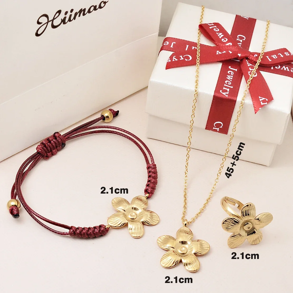 

HIIMAO Five Leaf Flower Ring Necklace Bracelet Set 2024 New Fashion Stainless Steel Women's Jewelry Gift HMS0008