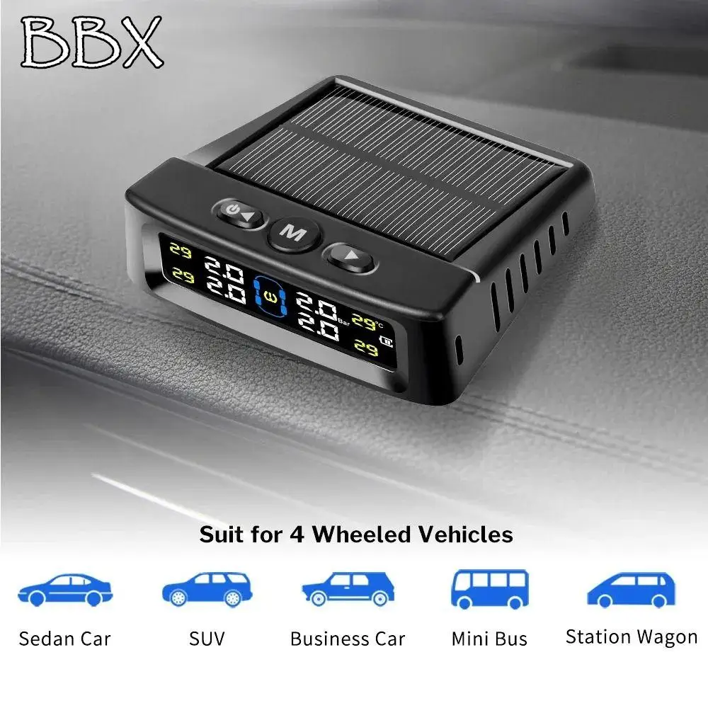 

Wireless Car Tire Pressure Monitor TPMS Solar/USB Powered Tire Pressure Sensors Digital Display Automatic Alarm