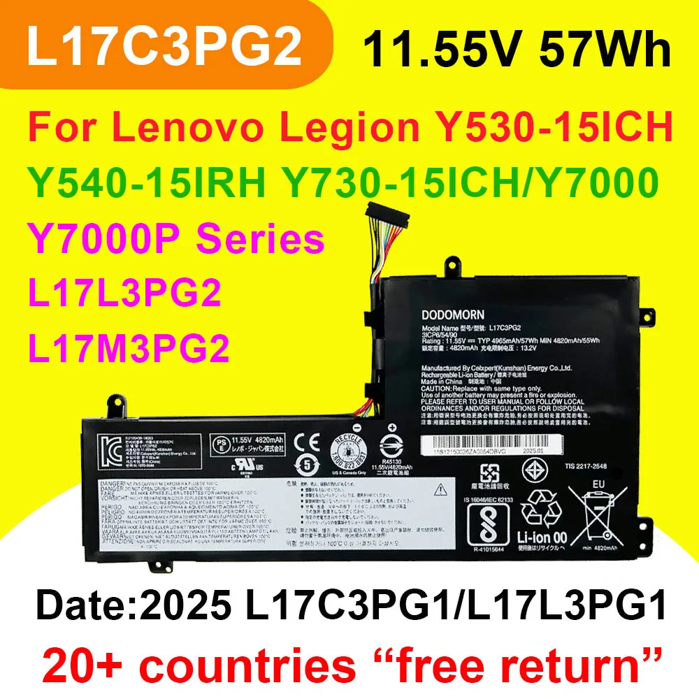 

For Lenovo Legion Y530-15ICH Y540-15IRH Y540-17IRH Y730 Y740,Y7000 Y7000P 2019 L17C3PG2 L17M3PG2 Laptop Battery 11.55V 57Wh
