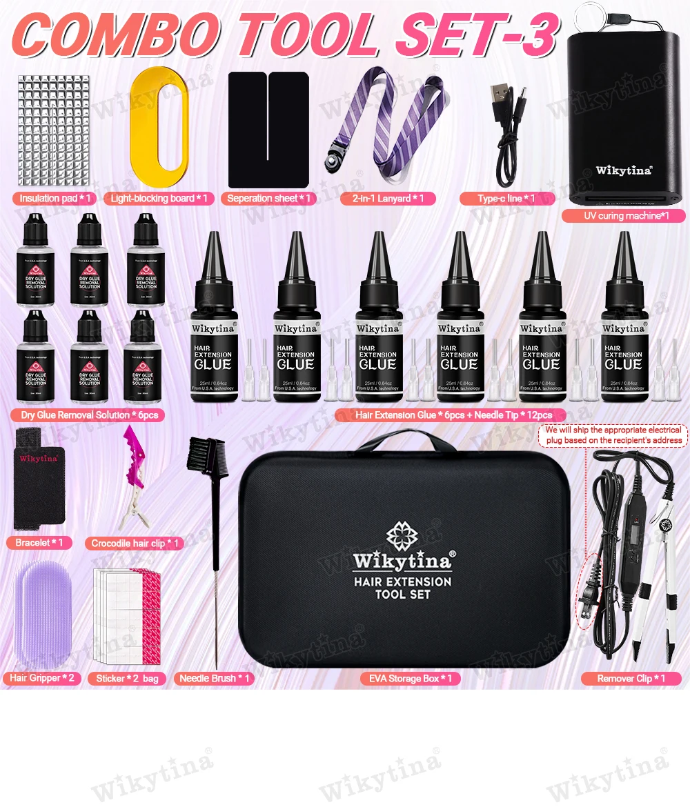 WIKYTINA Professional UV Light Hair Extension Kit - Complete Tool Set with UV Glue Remover Machine UV Hair Extension Machine