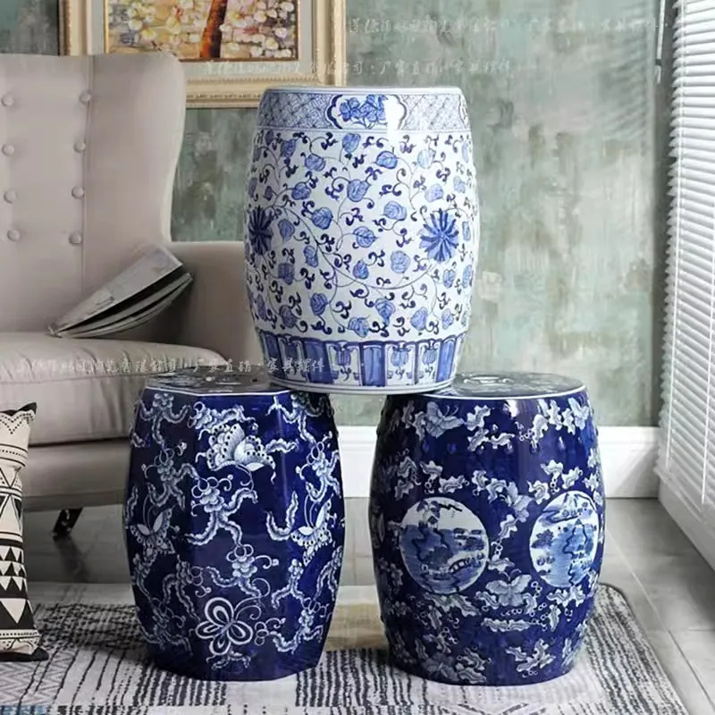 Chinese Antique Blue And White Ceramic phoenix rich Peony Drum Ottoman