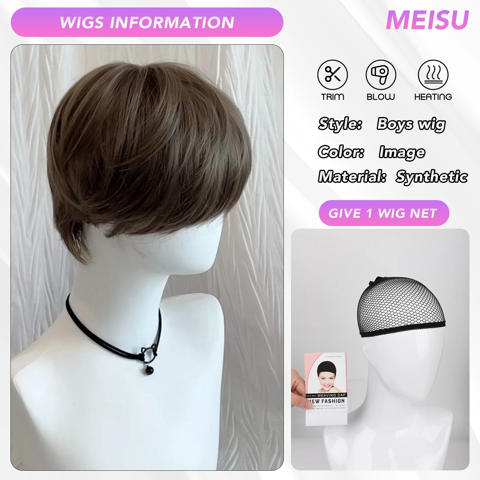 MEISU 10 Inch Bangs Wig For Boys Wig Synthetic Fiber Layered Hair Heat-Resistant Natural Smooth Extend Hair Selfie Party Cool