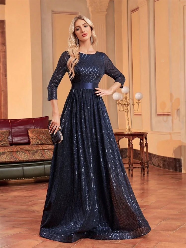 Luxury O-Neck Long Sleeves Sequins Formal Evening Dress Women 2025 Wedding Party Prom Maxi Cocktail Dresses Graduation Vestidos