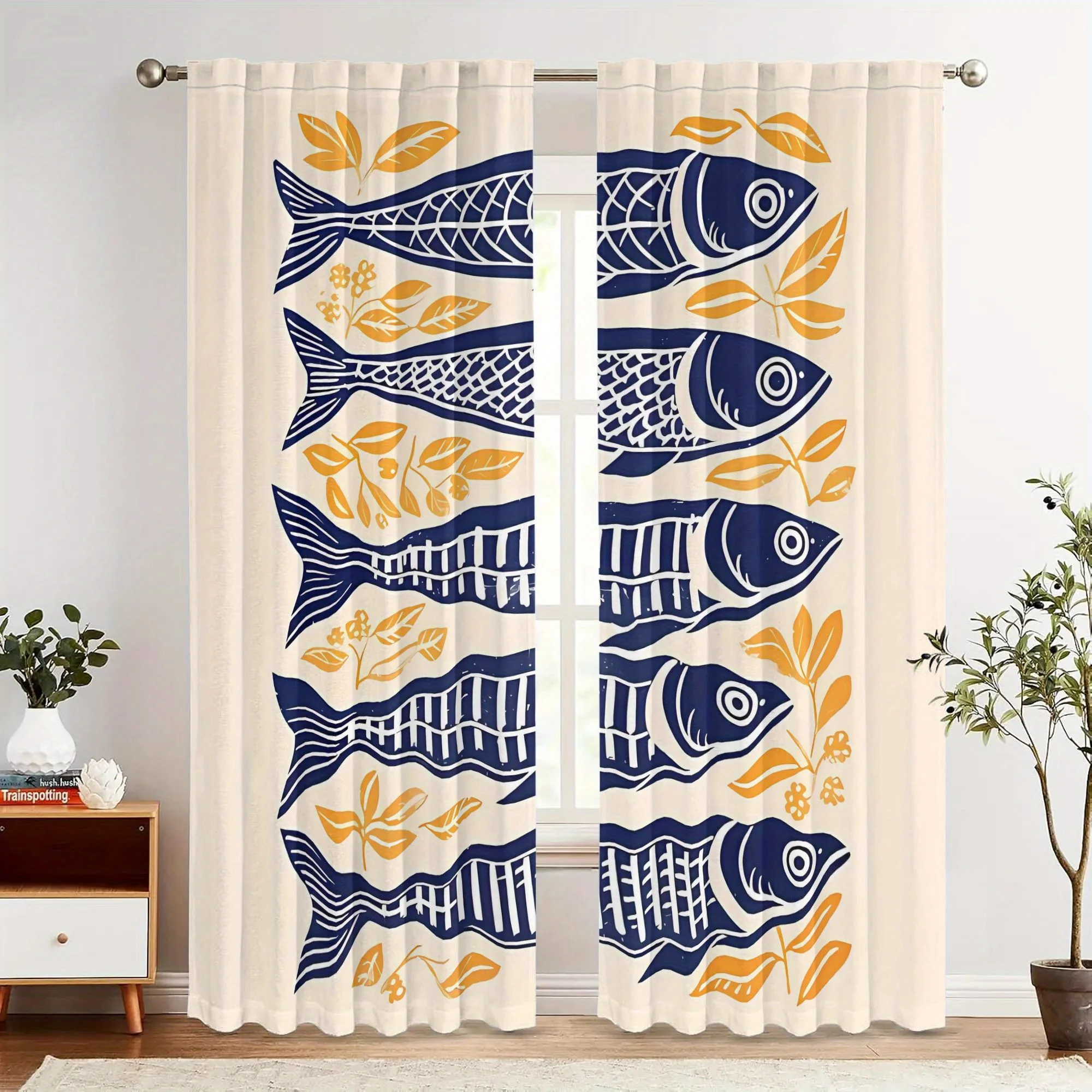 Nautical Fish Print Curtains Blue and Orange Pattern Window Curtain Panels Boho Living Room Bedroom Decor Drapery