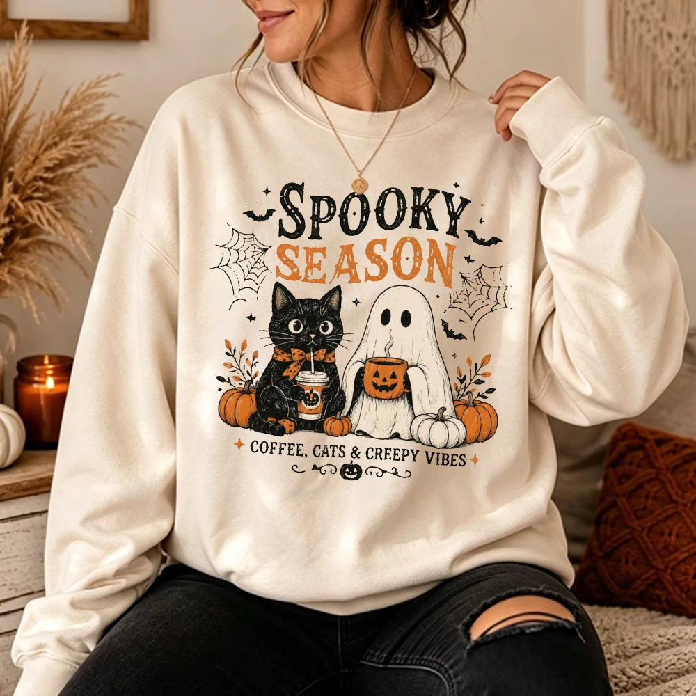 Halloween Pumpkin Bat Heartbeat Graphic Sweatshirt Ladies Women Fall O-neck Pullover Cute Cozy Casual Spooky Pumpkin Patch Tops