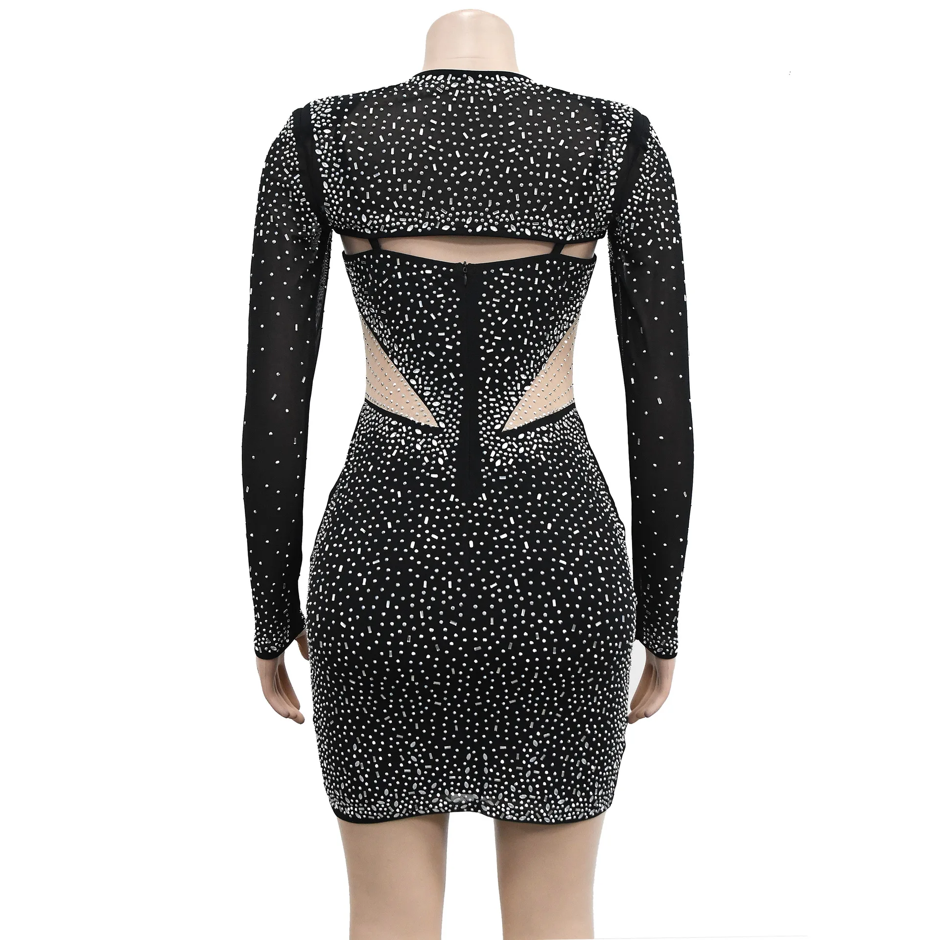 Fashion Sexy Women's Solid Color Mesh Hot Drilling Party Party Club Nightclub Long Sleeve Dresses