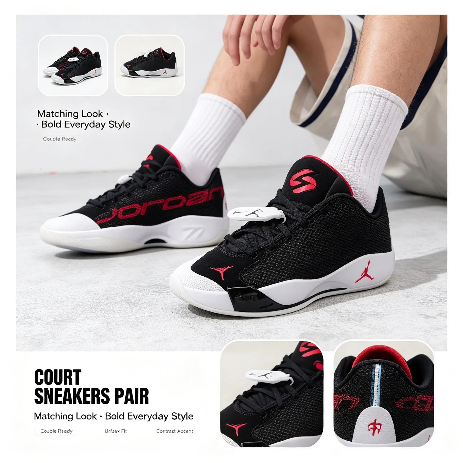 Nike Brandname Black White Red Court Sneakers Bold Contrast Low-Top Sports Shoes Smooth Upper Cushioned Non-Slip Casual Sneakers