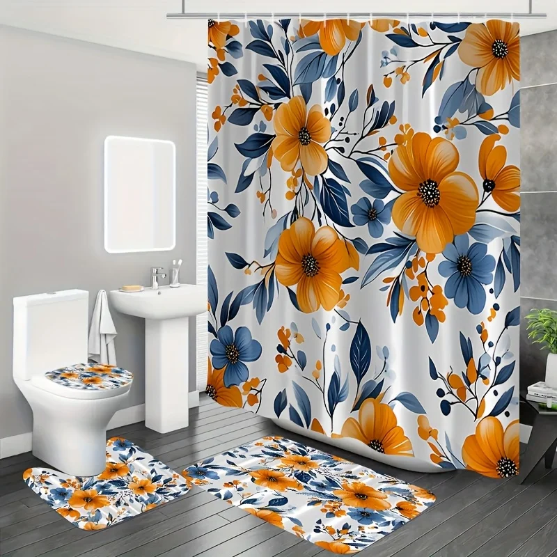 

4pc Watercolor orange wildflowers natural spring, polyester fabric, shower curtain, toilet mat, non-slip mat, U-shaped mat