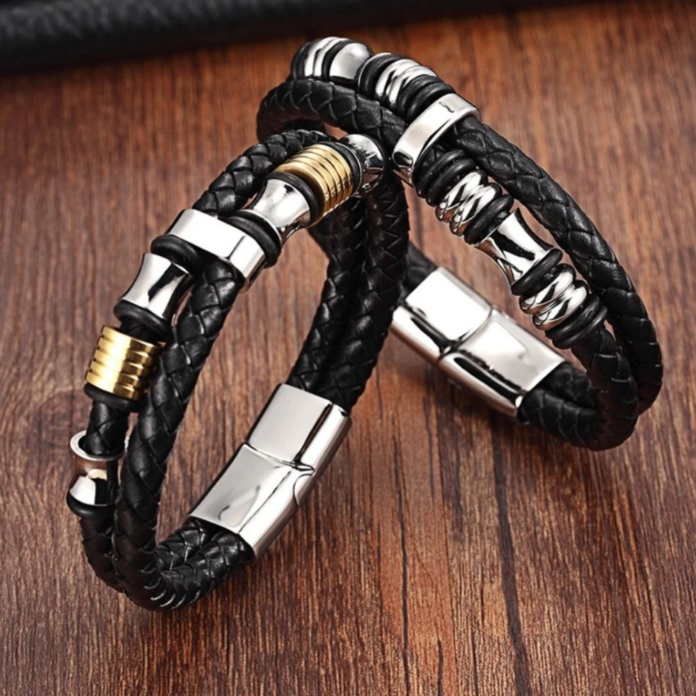 Männer Zweireihige Gewebte Leder Armbänder Armband Edelstahl Glück Perlen Armband Mode Schmuck Zubehör – Detail 1