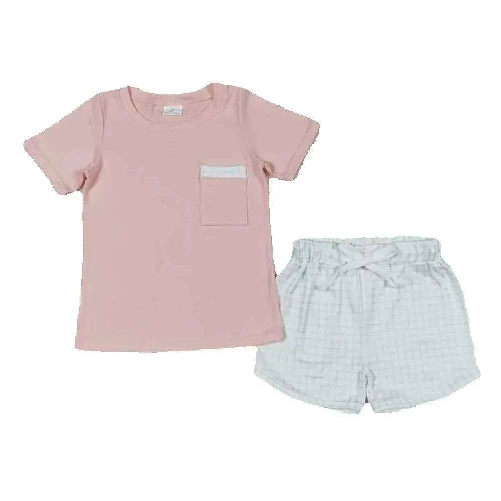 

Baby Boys Pink Short Sleeve Tee Shirt Top Checkered Shorts Clothes Sets
