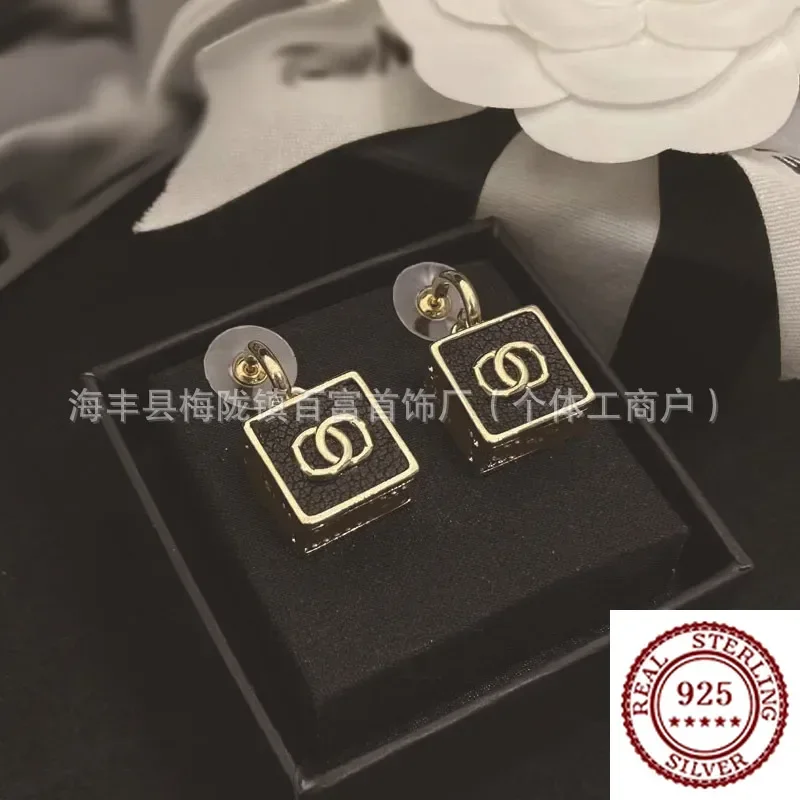 

2025 New Trendy DIY Sterling Silver Sheepskin Square Double C Earrings Simple Retro Fashionable High End Earrings For Women
