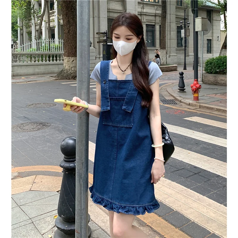 Korean Style Women's Summer Denim Dress 2023 New Casual Ruffle Sleeveless Straight Strap Dresses Chic Student Lady Outfit