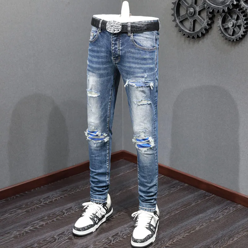 

Street Fashion Men jeans Retro Blue Stretch Skinny Fit Leather Patched Ripped Jeans Men Brand Designer Hip Hop Denim Pants Homme