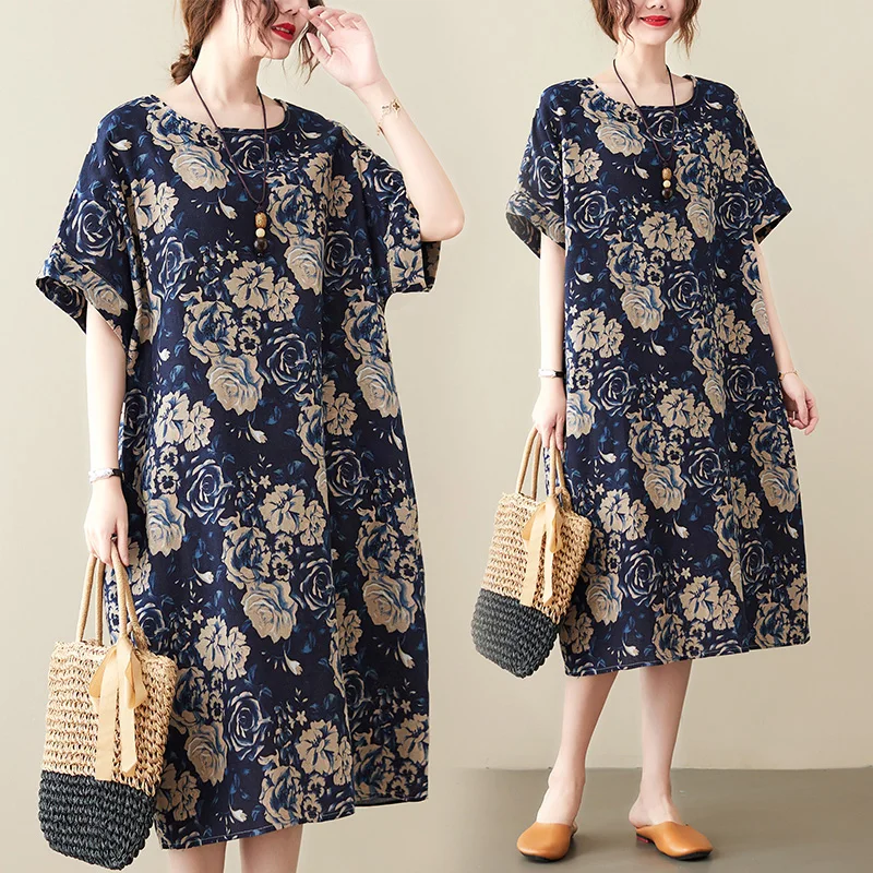 Lino di cotone sciolto Dr plus Size Dimagrante Midi ort Sve Meat Concealing Donna Faionable Artistico Retro Dr