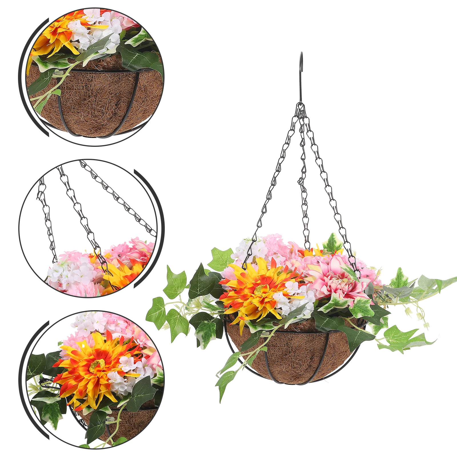 

Artificial Potted Plant Fake Flowers Hanging Coir Fiber Outdoor Basket Spring Chrysanthemum Decor Portable Hook Garden Courtyard