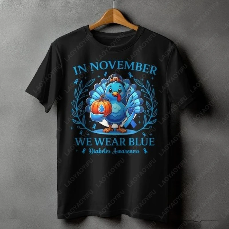 We Wear Blue Diabetes Awareness Thanksgiving T1D Support Fall Tops Men Women Cotton Tees Design Blue Ribbon Sublimation Tshirt