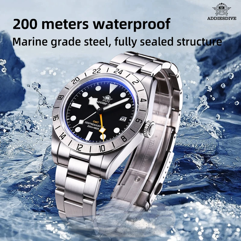 ADDIESDIVE New Luxury Men Quartz Wristwatch Stainless Steel GMT Watch Top Brand Bubble Glass 200m Waterproof Men Watches reloj