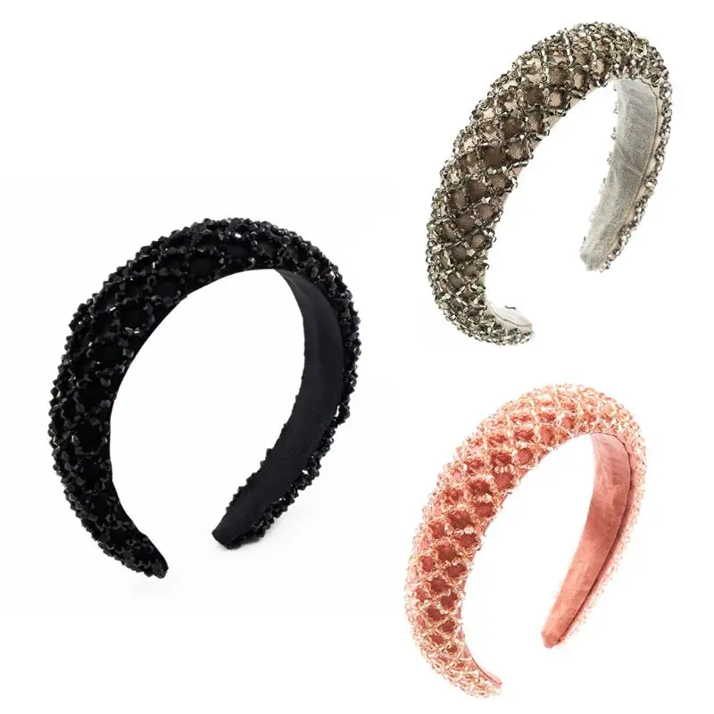 Womens Thick Sponge Padded Headband Rhombus Faux Crystal Glass Beads Hair Hoop Handmade Weave Solid Color Jewelry N58F